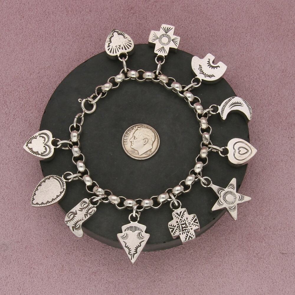 joan slifka sterling silver vintage southwest 11 multi-stone charm bracelet 7in - Picture 2 of 3